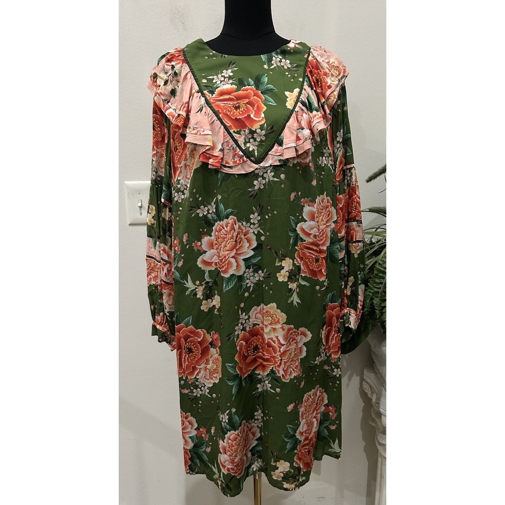 Anthropologie Farm Rio Floral Shift Dress Elinor Green Tunic Balloon Sleeve Sz L - Picture 2 of 8
